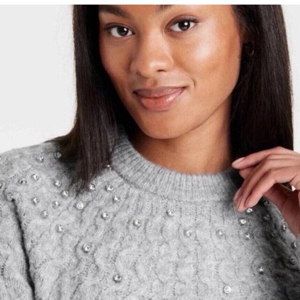a new day Rhinestone-Embellished Bejeweled Cable Knit Crewneck Sweater - Gray